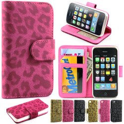 iPhone 4S / 4 Leopard Flip Leather Wallet Case  (Hot Pink)